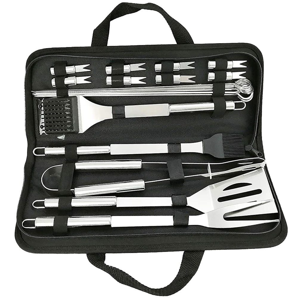 Set 20 ustensile gratar Quasar & Co., geanta depozitare, otel inoxidabil, 35 cm, argintiu