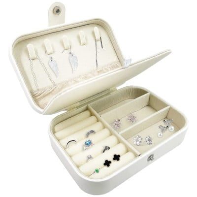 Cutie de bijuterii Quasar & Co.® pentru inele, lantisoare, bratari, organizator 2 compartimente, piele ecologica, interior catifea, 16 x 11 x 5 cm, alb 7