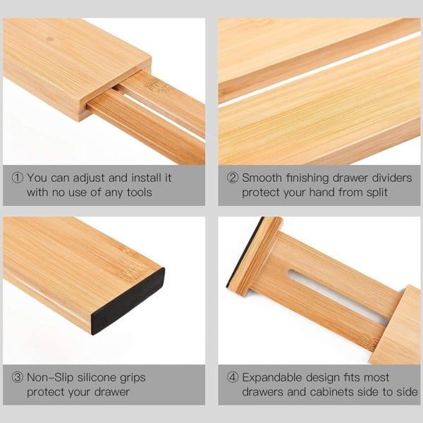 Set 4 organizatoare reglabile pentru sertar, Quasar & Co.®, pentru baie/bucatarie/dormitor, sistem antialunecare, bambus, 45-57 x 1.5 x 6.5 cm, natur - imagine 5