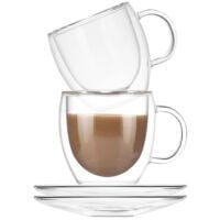 Set 2 cani si 2 farfurioare, Quasar & Co.®, cana 250 ml cu pereti dubli, d 8 cm, h 9 cm, farfurioara 10.5 cm, termorezistenta, transparent 12