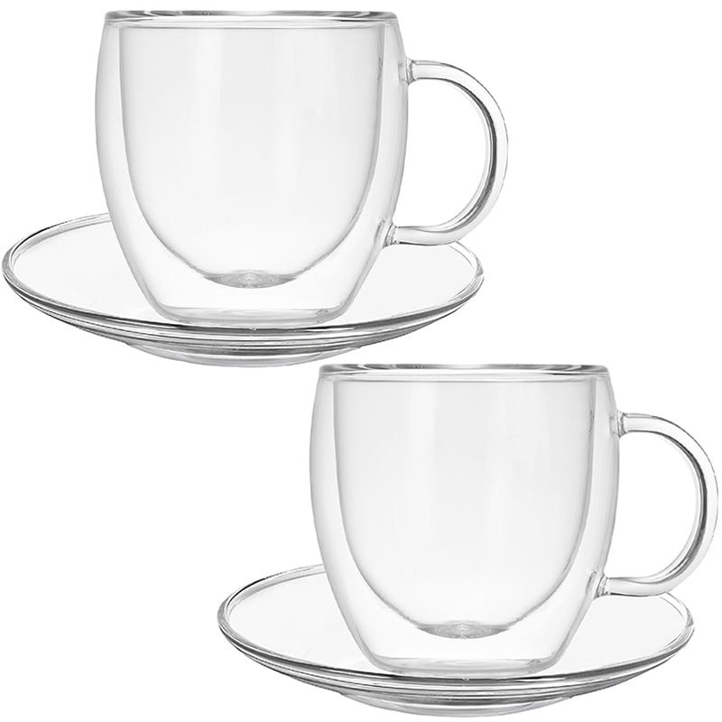 Set 2 cani si 2 farfurioare, Quasar & Co.®, cana 250 ml cu pereti dubli, d 8 cm, h 9 cm, farfurioara 10.5 cm, termorezistenta, transparent 10