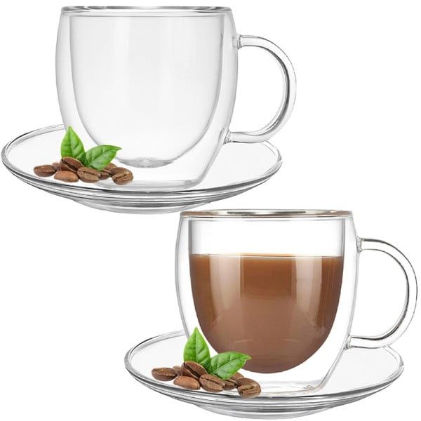 Set 2 cani si 2 farfurioare, Quasar & Co.®, cana 250 ml cu pereti dubli, d 8 cm, h 9 cm, farfurioara 10.5 cm, termorezistenta, transparent - imagine 11