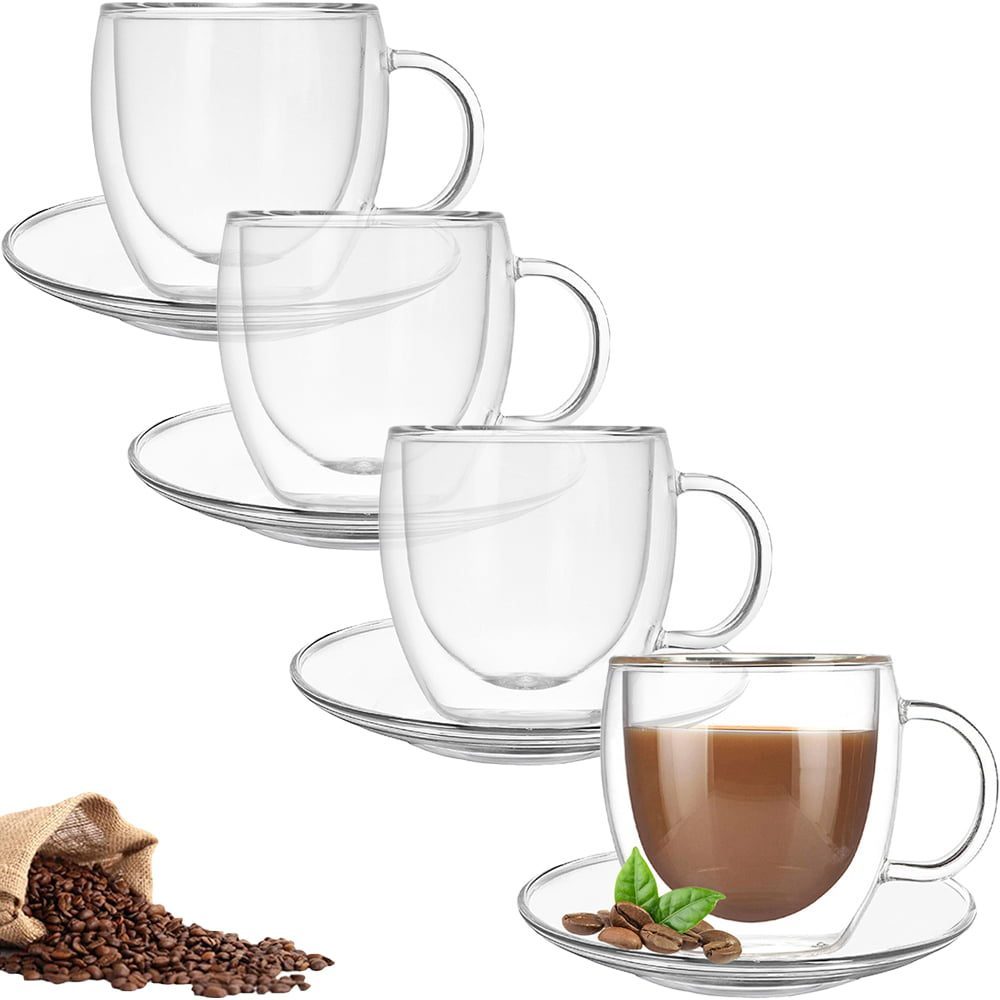 Set 4 cani si 4 farfurioare, Quasar & Co.®, cana 250 ml cu pereti dubli, d 8 cm, h 9 cm, farfurioara 10.5 cm, termorezistenta, transparent 6 Set 4 cani si 4 farfurioare, Quasar & Co.®, cana 250 ml cu pereti dubli, d 8 cm, h 9 cm, farfurioara 10.5 cm, termorezistenta, transparent 6