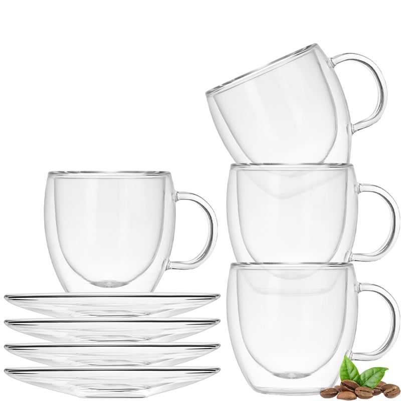 Set 4 cani si 4 farfurioare, Quasar & Co.®, cana 250 ml cu pereti dubli, d 8 cm, h 9 cm, farfurioara 10.5 cm, termorezistenta, transparent 8 Set 4 cani si 4 farfurioare, Quasar & Co.®, cana 250 ml cu pereti dubli, d 8 cm, h 9 cm, farfurioara 10.5 cm, termorezistenta, transparent 8