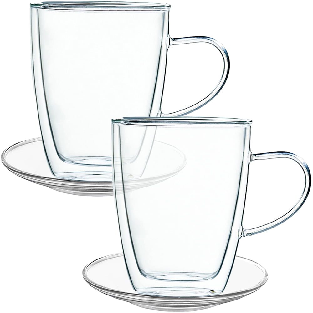 Set 2 cani si 2 farfurioare, Quasar & Co.®, farfurioara 10.5 cm, cana 350 ml cu pereti dubli, termorezistent, transparent 2