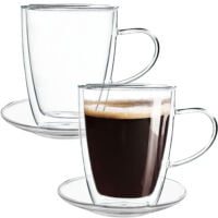 Set 2 cani si 2 farfurioare, Quasar & Co.®, farfurioara 10.5 cm, cana 350 ml cu pereti dubli, termorezistent, transparent 14