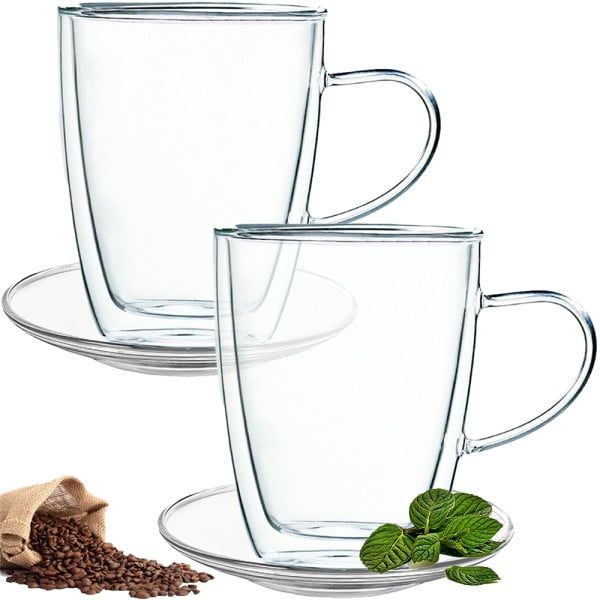 Set 2 cani si 2 farfurioare, Quasar & Co.®, farfurioara 10.5 cm, cana 350 ml cu pereti dubli, termorezistent, transparent - imagine 3