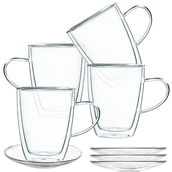 Set 4 cani si 4 farfurioare, Quasar & Co.®, farfurioara 10.5 cm, cana 350 ml cu pereti dubli, termorezistenta, transparent - imagine 4