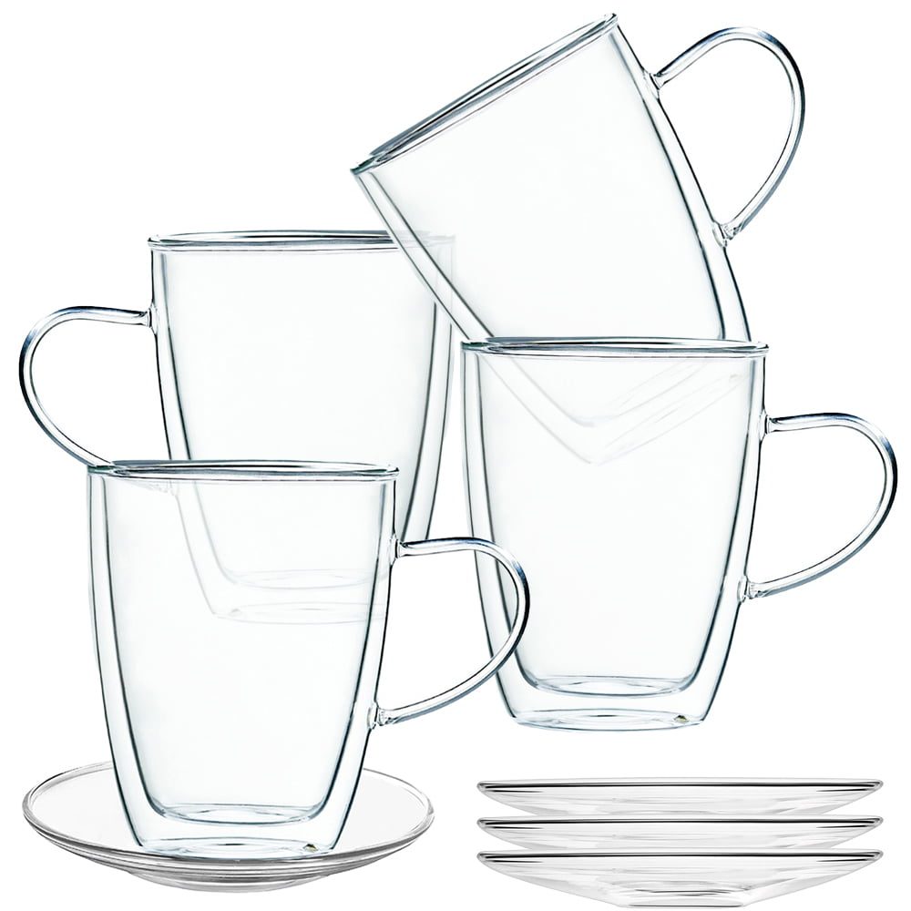 Set 4 cani si 4 farfurioare, Quasar & Co.®, farfurioara 10.5 cm, cana 350 ml cu pereti dubli, termorezistenta, transparent 4