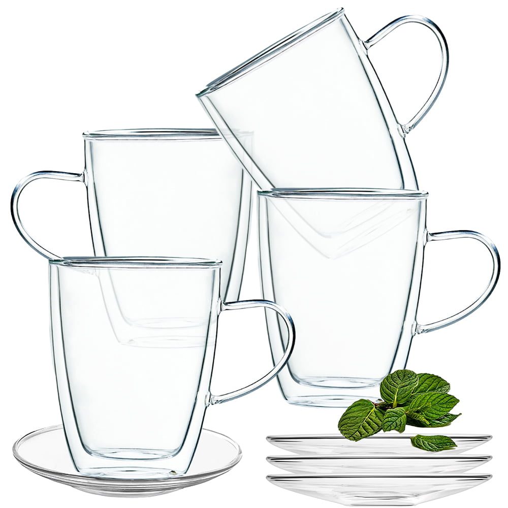 Set 4 cani si 4 farfurioare, Quasar & Co.®, farfurioara 10.5 cm, cana 350 ml cu pereti dubli, termorezistenta, transparent 2