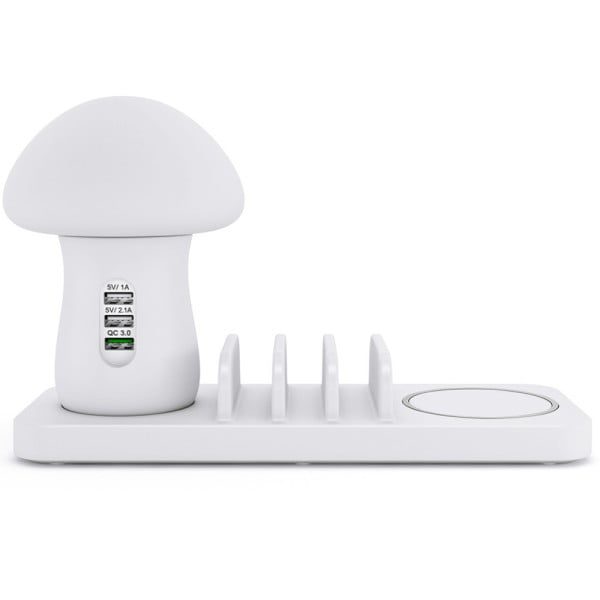 Stand incarcare wireless si USB si lampa veghe, Quasar & Co.®, incarcare rapida QC 3.0, ABS, alb - imagine 3