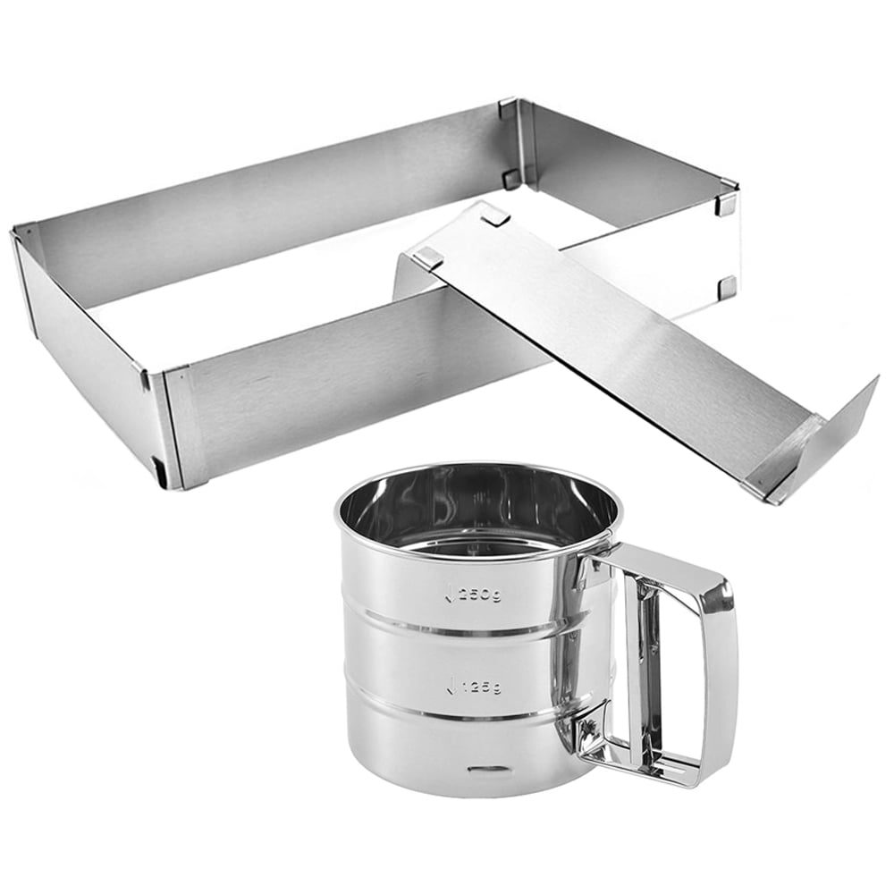 Set patiserie/cofetarie cu forma reglabila tort/prajituri si sita faina gradata, Quasar & Co.®, inox, 28,5-53,5 cm x 17,5-33 cm/ 9.5 x 10.5 cm, 350 g, argintiu 2 Set patiserie/cofetarie cu forma reglabila tort/prajituri si sita faina gradata, Quasar & Co.®, inox, 28,5-53,5 cm x 17,5-33 cm/ 9.5 x 10.5 cm, 350 g, argintiu 2