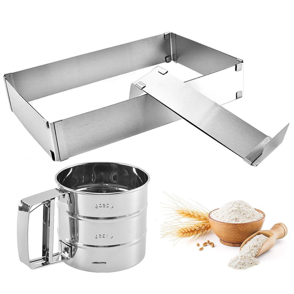 42043012-2 Set patiserie/cofetarie cu forma reglabila tort/prajituri si sita faina gradata, Quasar & Co.®, inox, 28,5-53,5 cm x 17,5-33 cm/ 9.5 x 10.5 cm, 350 g, argintiu