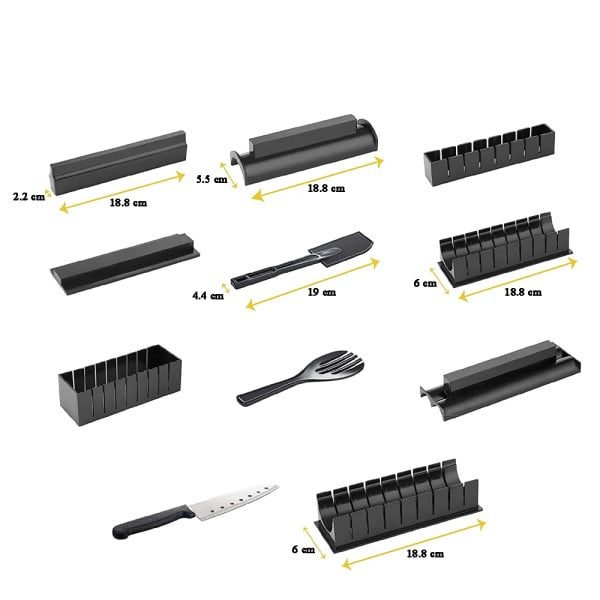 Set preparare sushi 11 piese, Quasar & Co.®, 2 spatule, 8 forme diferite si cutit , plastic, negru - imagine 3