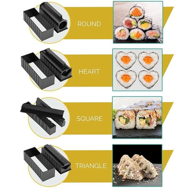 Set preparare sushi 11 piese, Quasar & Co.®, 2 spatule, 8 forme diferite si cutit , plastic, negru - imagine 6