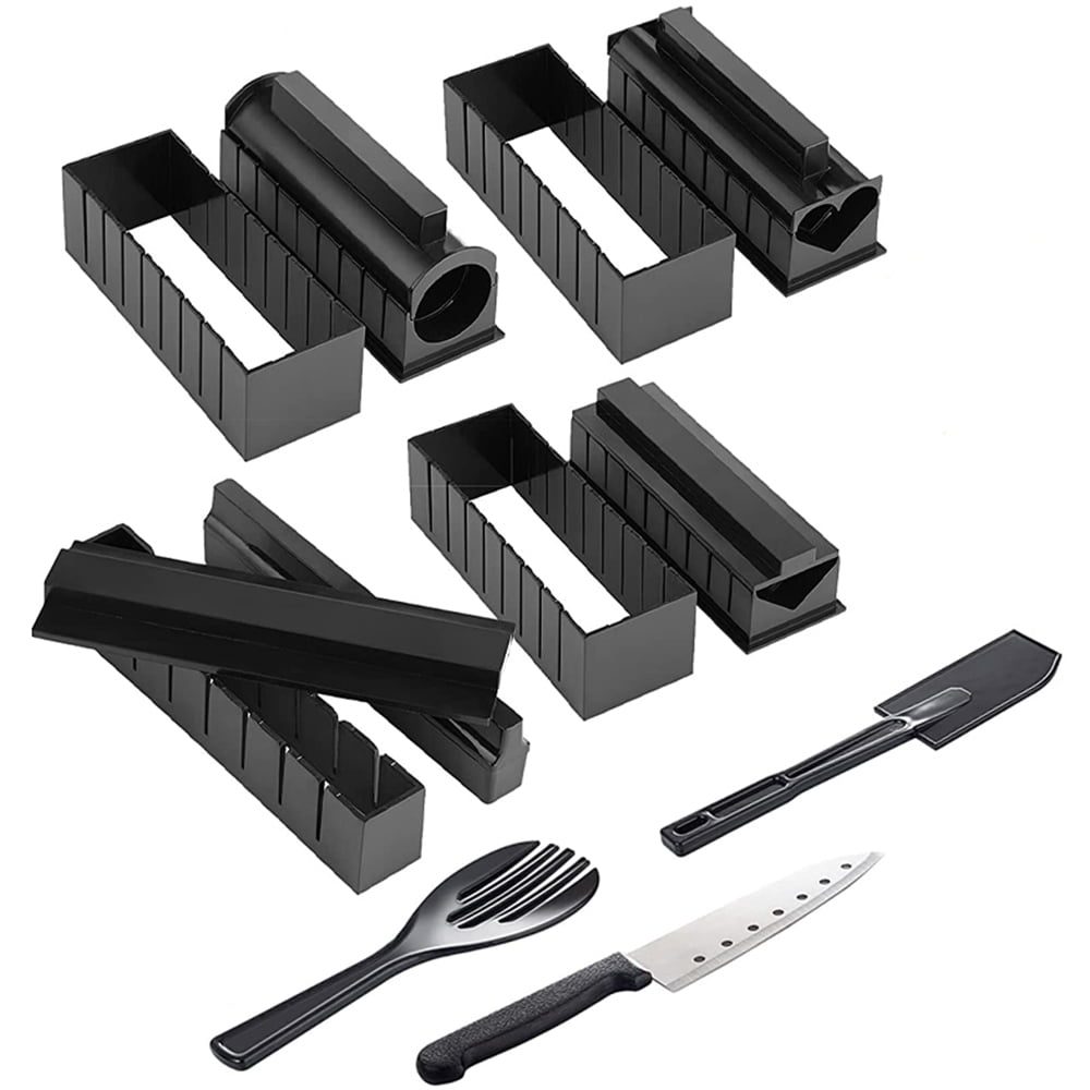Set preparare sushi 11 piese, Quasar & Co.®, 2 spatule, 8 forme diferite si cutit , plastic, negru 2 Set preparare sushi 11 piese, Quasar & Co.®, 2 spatule, 8 forme diferite si cutit , plastic, negru 2