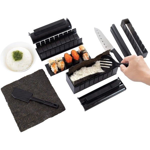 Set preparare sushi 11 piese, Quasar & Co.®, 2 spatule, 8 forme diferite si cutit , plastic, negru - imagine 4