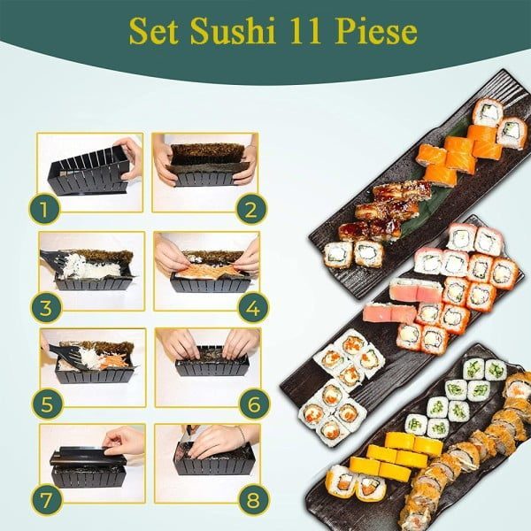 Set preparare sushi 11 piese, Quasar & Co.®, 2 spatule, 8 forme diferite si cutit , plastic, negru - imagine 7