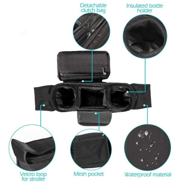 Organizator carucior Quasar & Co.®, compartimentat, geanta cu prindere universala, buzunar telefon, compartimente biberon, 31,5 x 16 x 5 cm, fas, negru - imagine 4