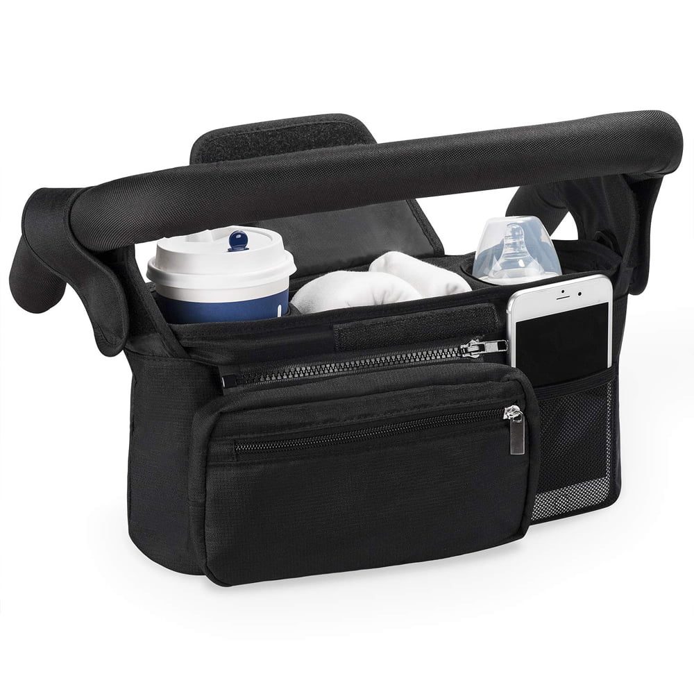 Universal Stoller -9 Organizator carucior Quasar & Co.®, compartimentat, geanta cu prindere universala, buzunar telefon, compartimente biberon, 31,5 x 16 x 5 cm, fas, negru