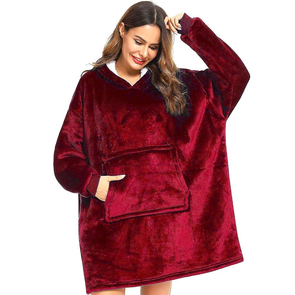 Patura cu maneci, gluga si buzunar, Quasar & Co.®, fleece captusit cu blana, poliester, marime universala, rosu 2