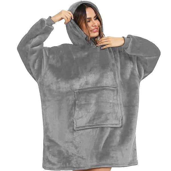 Patura cu maneci, gluga si buzunar, Quasar & Co.®, fleece captusit cu blana, poliester, marime universala, gri deschis - imagine 3