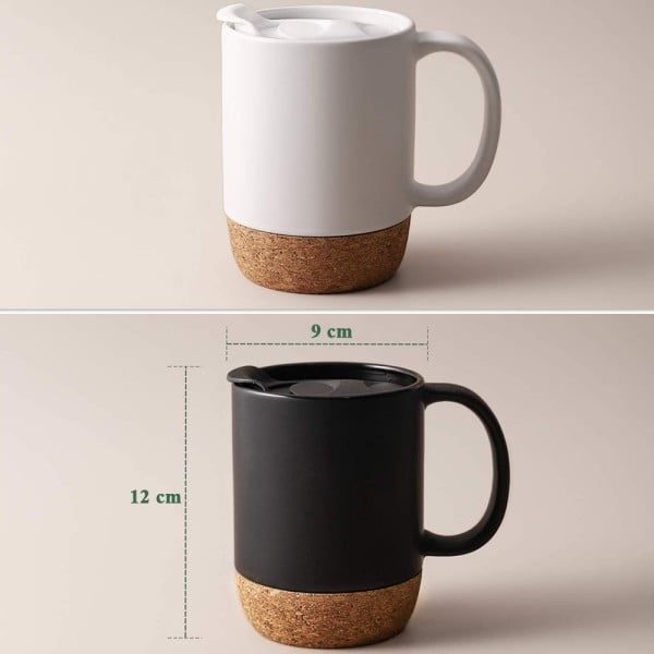 Set 2 cani cafea/ceai, Quasar & Co.®, pretabile voiaj/calatorie, cu capac to go, baza de pluta, ceramica, 400 ml, alb-negru - imagine 4