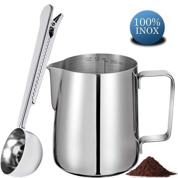 Set latiera pentru spumare lapte cu gradatie si lingurita dozatoare cafea/ceai, Quasar & Co.®, cu maner si cioc, cu clema de inchidere, cana barista, inox, 350 ml, argintiu - imagine 4