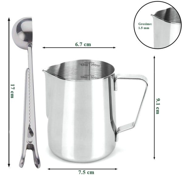 Set latiera pentru spumare lapte cu gradatie si lingurita dozatoare cafea/ceai, Quasar & Co.®, cu maner si cioc, cu clema de inchidere, cana barista, inox, 350 ml, argintiu - imagine 22