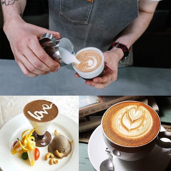 Set latiera pentru spumare lapte cu gradatie si lingurita dozatoare cafea/ceai, Quasar & Co.®, cu maner si cioc, cu clema de inchidere, cana barista, inox, 350 ml, argintiu - imagine 19