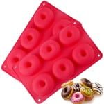 Set 2 forme de copt 6 gogosi, Quasar & Co.®, termorezistente pana la 230 grade C, tava cu 6 cavitati de diametru 7 cm, silicon, 27.5 x 17.5 x 3 cm, rosu 12