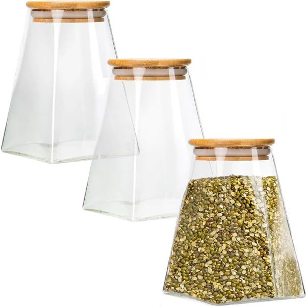 Set 3 recipiente depozitare alimente cu capac bambus, Quasar & Co.®, borcan etans, piramidal, sticla, 900 ml, transparent - imagine 3