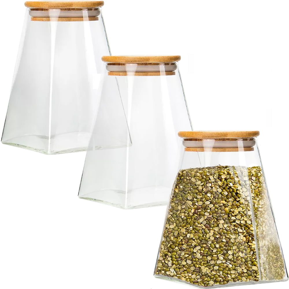 Set 3 recipiente depozitare alimente cu capac bambus, Quasar & Co.®, borcan etans, piramidal, sticla, 900 ml, transparent 3