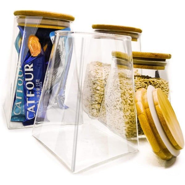 Set 3 recipiente depozitare alimente cu capac bambus, Quasar & Co.®, borcan etans, piramidal, sticla, 900 ml, transparent - imagine 7