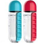 Set 2 sticle cu organizator pentru medicamente, Quasar & Co.®, fara BPA, portabile, cu dozatoare saptamanale, tritan, 600 ml, rosu-turcoaz 11