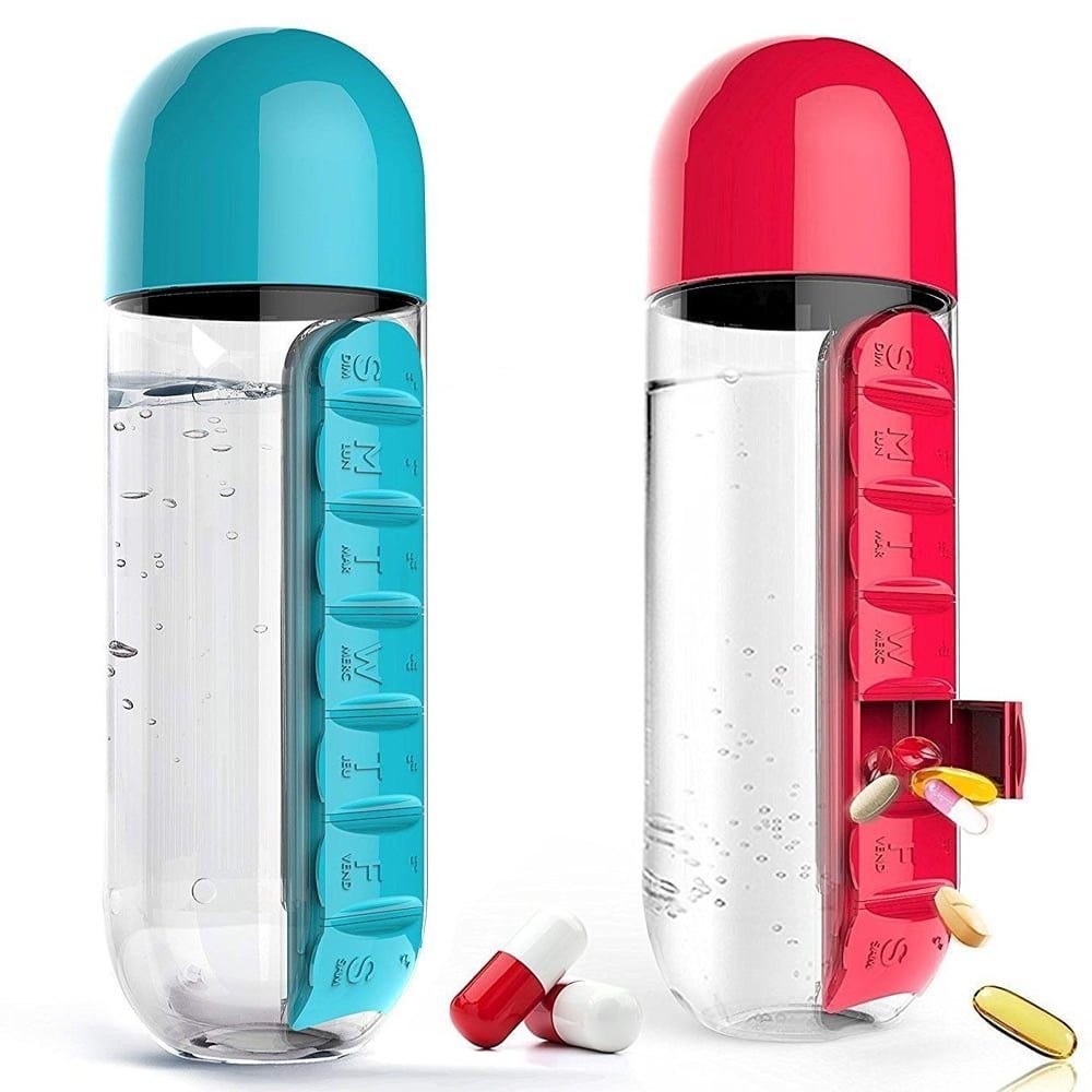 Set 2 sticle cu organizator pentru medicamente, Quasar & Co.®, fara BPA, portabile, cu dozatoare saptamanale, tritan, 600 ml, rosu-turcoaz 2