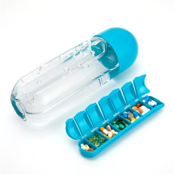 Set 2 sticle cu organizator pentru medicamente, Quasar & Co.®, fara BPA, portabile, cu dozatoare saptamanale, tritan, 600 ml, rosu-turcoaz - imagine 5