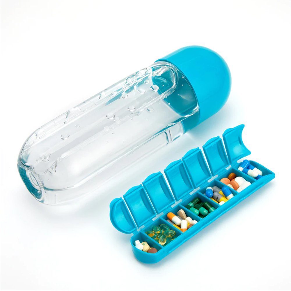 Set 2 sticle cu organizator pentru medicamente, Quasar & Co.®, fara BPA, portabile, cu dozatoare saptamanale, tritan, 600 ml, rosu-turcoaz 5