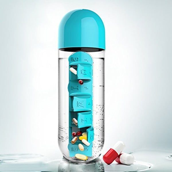 Set 2 sticle cu organizator pentru medicamente, Quasar & Co.®, fara BPA, portabile, cu dozatoare saptamanale, tritan, 600 ml, rosu-turcoaz - imagine 3