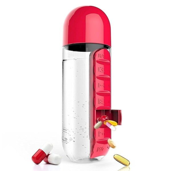 Set 2 sticle cu organizator pentru medicamente, Quasar & Co.®, fara BPA, portabile, cu dozatoare saptamanale, tritan, 600 ml, rosu-turcoaz - imagine 4