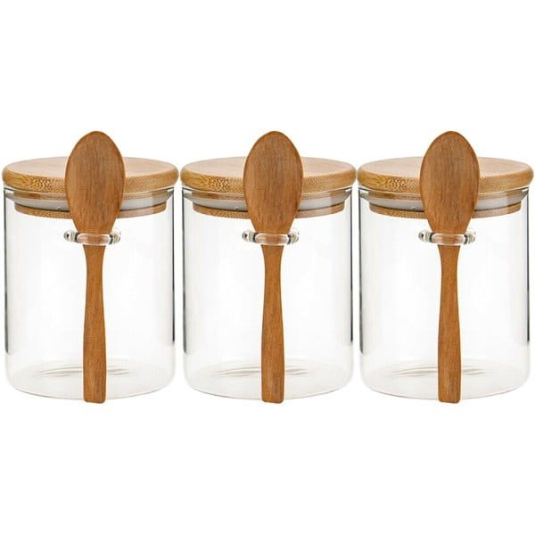 Set 3 recipiente depozitare alimente cu capac si lingurita bambus, Quasar & Co.®, etans, rotund, sticla, 450 ml, transparent - imagine 5