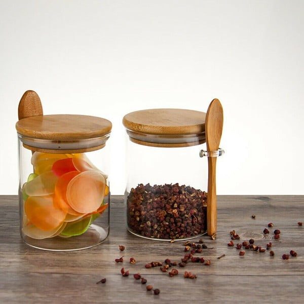 Set 3 recipiente depozitare alimente cu capac si lingurita bambus, Quasar & Co.®, etans, rotund, sticla, 450 ml, transparent - imagine 11