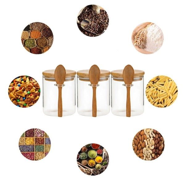 Set 3 recipiente depozitare alimente cu capac si lingurita bambus, Quasar & Co.®, etans, rotund, sticla, 450 ml, transparent - imagine 14
