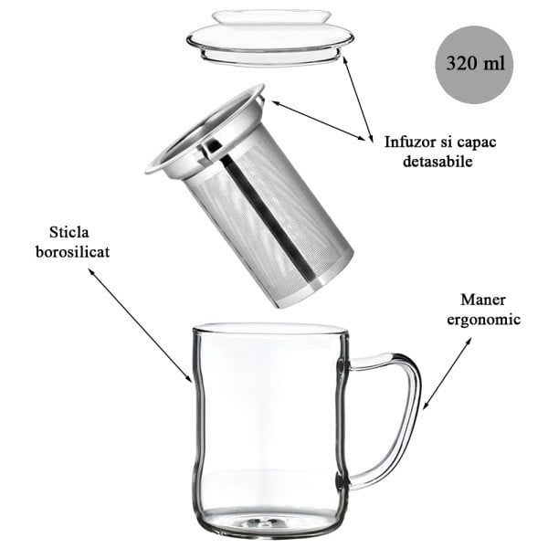 Set 2 cani ceai cu infuzor metalic, Quasar & Co.®, cu capac, termorezistente, sticla/metal, 320 ml, transparent - imagine 6