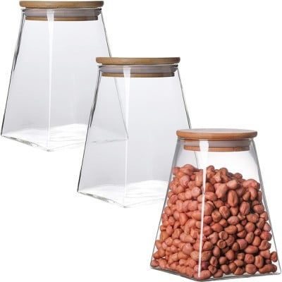 Set 3 recipiente depozitare alimente cu capac bambus, Quasar & Co.®, borcan etans, piramidal, sticla, 900 ml, transparent 12