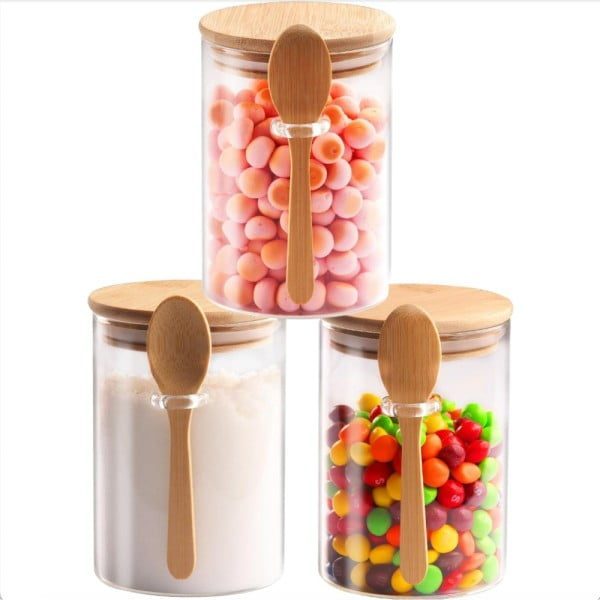 Set 3 recipiente depozitare alimente cu capac si lingurita bambus, Quasar & Co.®, etans, rotund, sticla, 450 ml, transparent - imagine 4