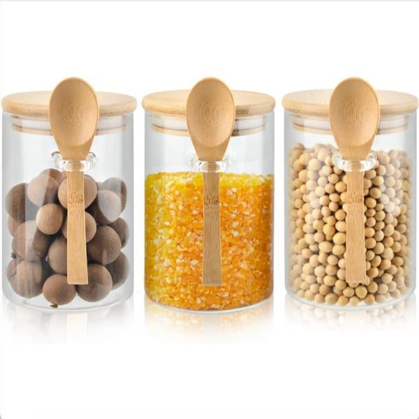 Set 3 recipiente depozitare alimente cu capac si lingurita bambus, Quasar & Co.®, etans, rotund, sticla, 450 ml, transparent - imagine 3