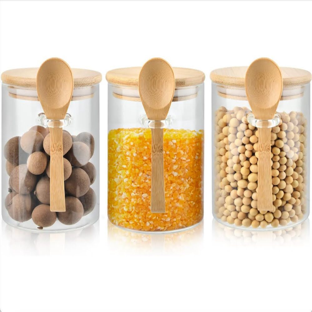 Set 3 recipiente depozitare alimente cu capac si lingurita bambus, Quasar & Co.®, etans, rotund, sticla, 450 ml, transparent 3 Set 3 recipiente depozitare alimente cu capac si lingurita bambus, Quasar & Co.®, etans, rotund, sticla, 450 ml, transparent 3