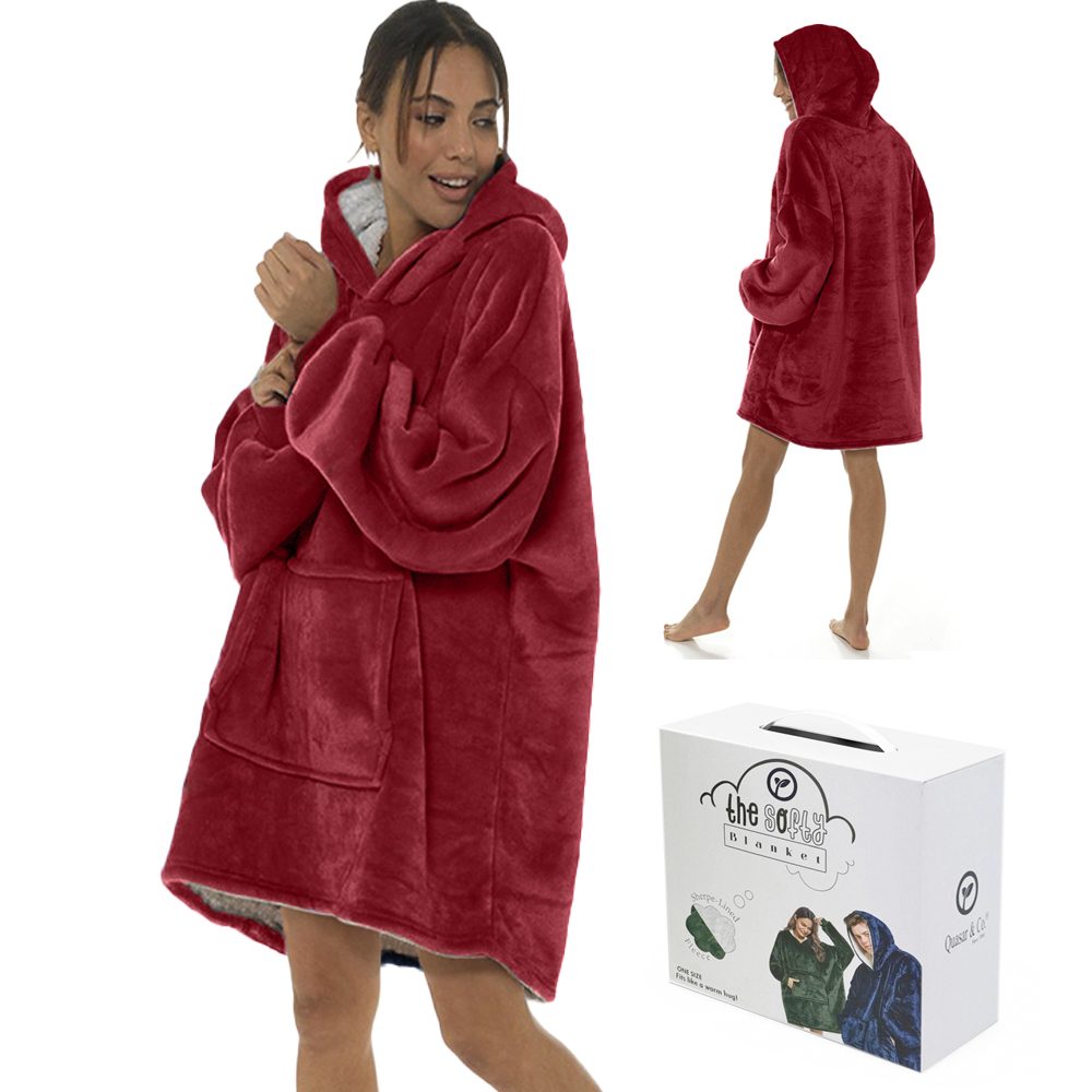 Patura cu maneci, gluga si buzunar, Quasar & Co.®, fleece captusit cu blana, poliester, marime universala, rosu