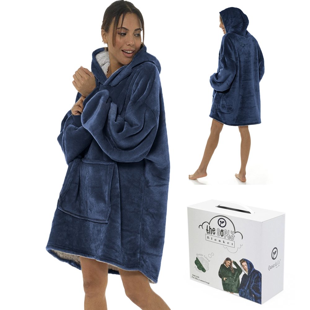 Patura cu maneci, gluga si buzunar, Quasar & Co.®, fleece captusit cu blana, poliester, marime universala, albastru